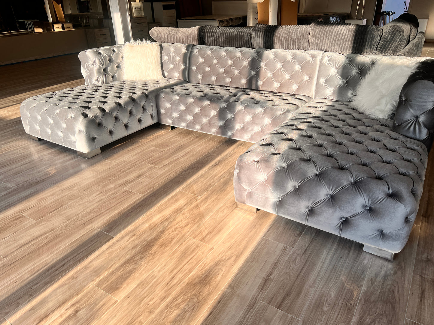 On SALE NOW: Brand New Tufted gram U Shaped Sectional with chrome legs