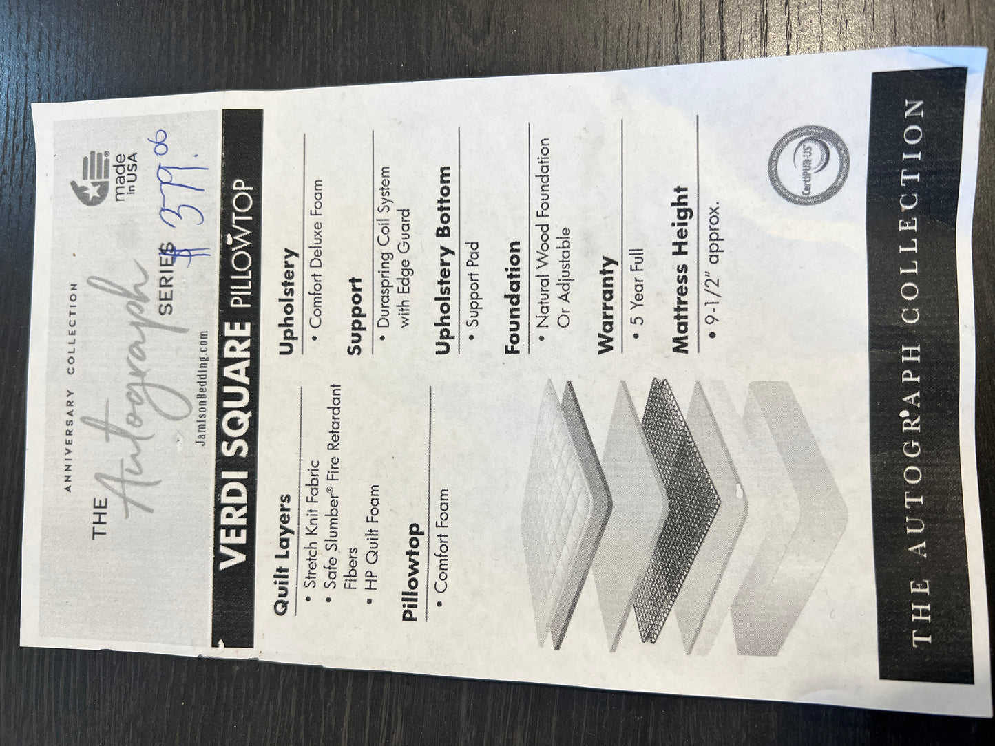 Brand New Jamison Verdi Square, Made in America, Mattress