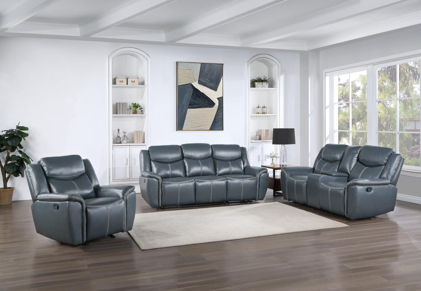 Gorgeous Electric Blue Three PC Brand New Recliner Sofa, Love Seat, and Recliner