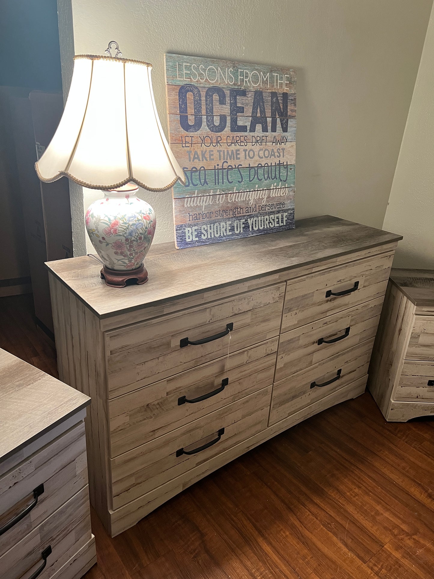 Brand new Aspen Bedroom set:  Low boy 6 drawer dresser and two matching night stands