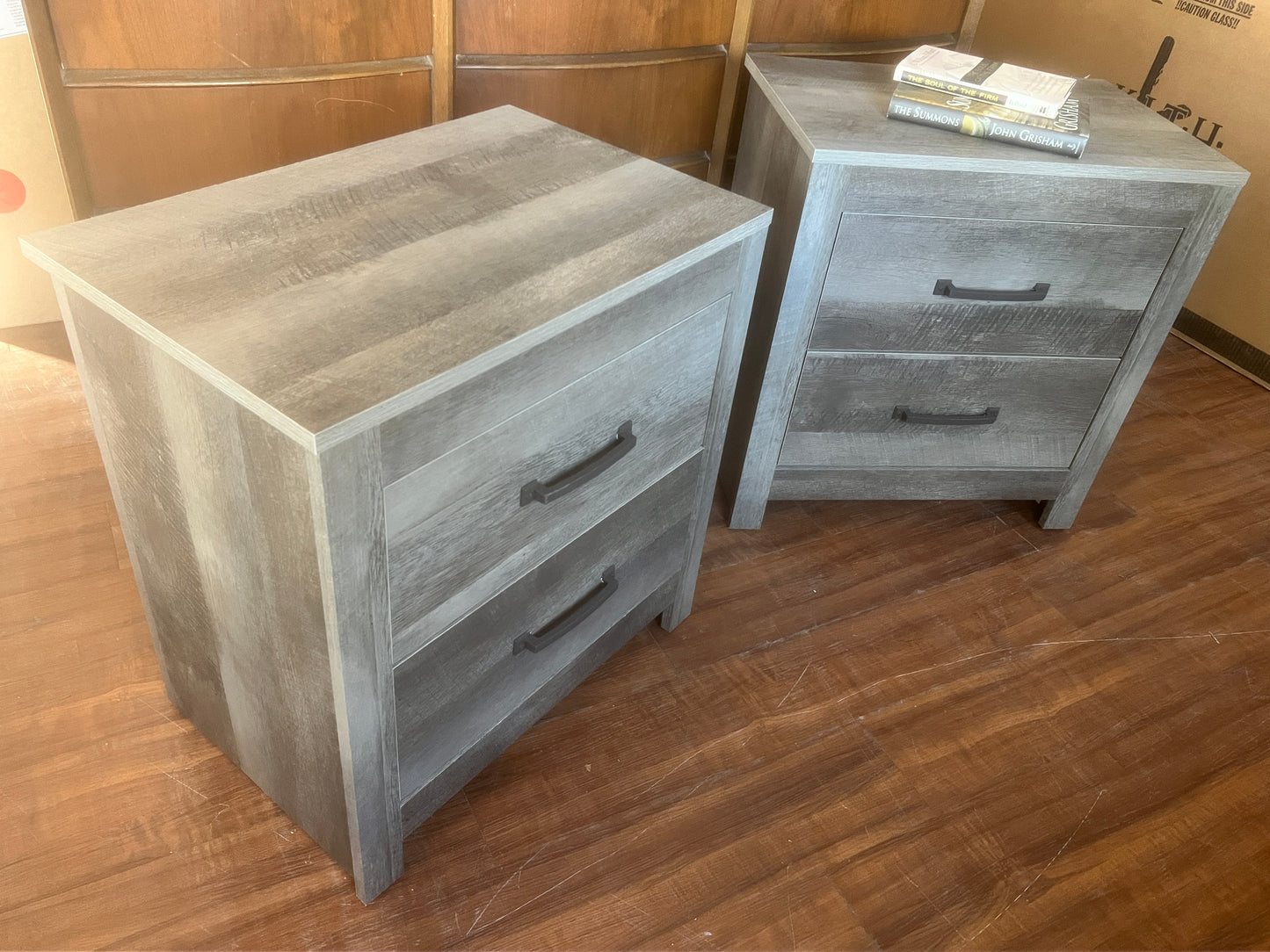 Pair of Brand new, Grey, Pre-assembled, Made in USA, two drawer night stands