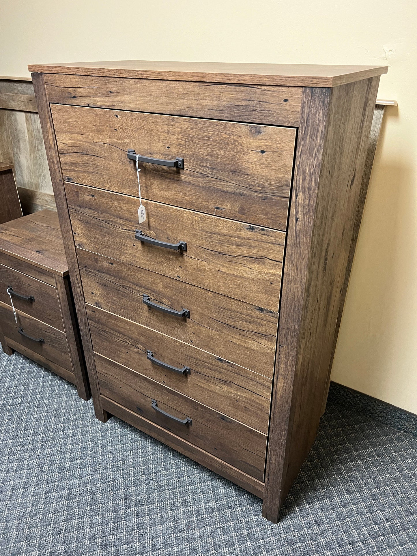 Brand new, Made in USA, pre-assembled, Rustic 4 piece bedroom set. Set comes with dresser, chest and both night stands