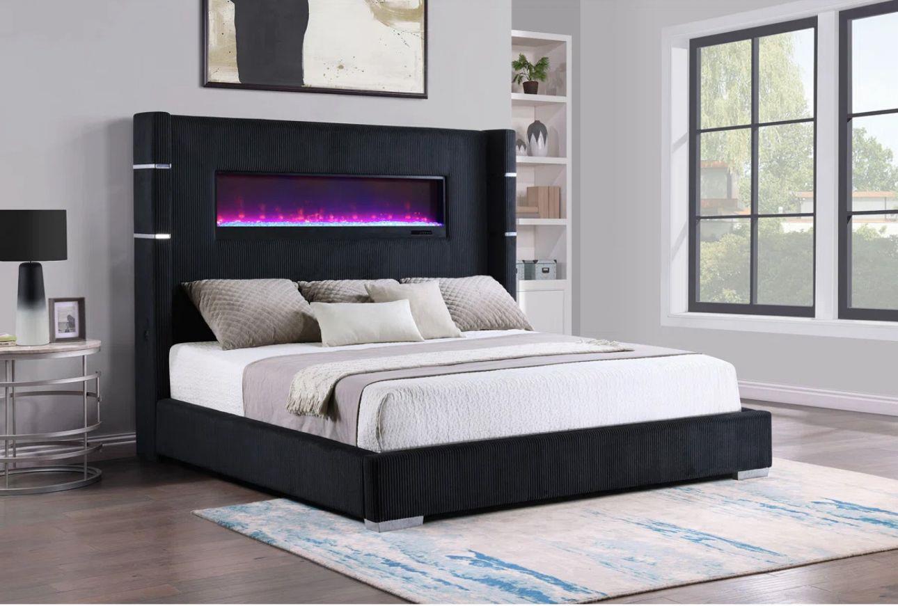 Villas Black Queen Bed Frame W/ Fireplace insert