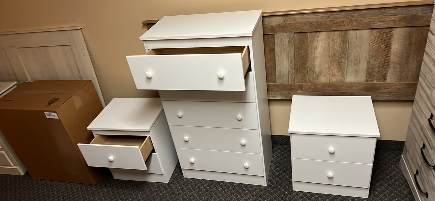Pre-assembled Three Piece Bedroom Set: White 5 Chest of Drawers, and pair of two drawer night stands